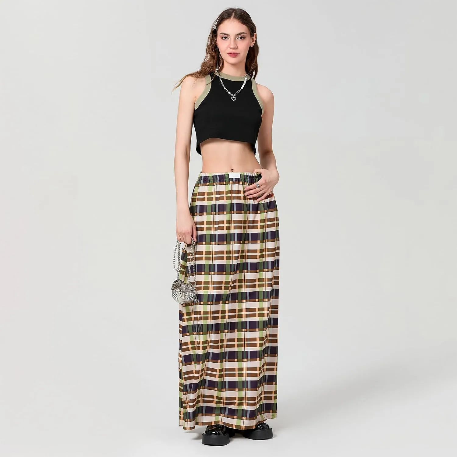 Women Y2K Plaid Maxi Skirt High Waist Gingham Tiered Long Skirt Vintage A-Line Ruffle Flowy Midi Skirt