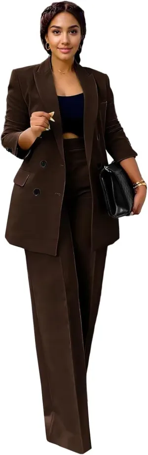 Women's 2 Piece Outfits Blazer Jacket and Wide Leg Pants Double Breasted Formal Suits for Women Casual Suit Sets