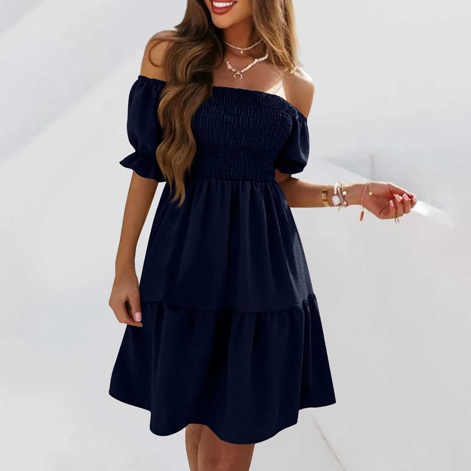 Women's 2024 Boho Summer Square Neck Puff Sleeve Off Shoulder Smocked Tiered Casual Ruffle A Line Flowy Mini Dress