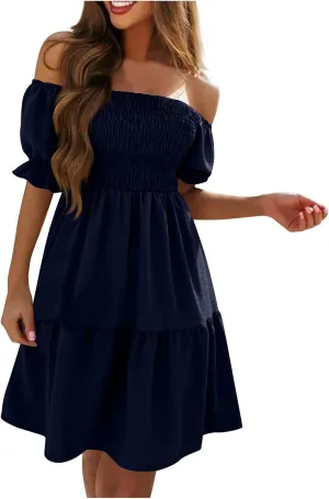 Women's 2024 Boho Summer Square Neck Puff Sleeve Off Shoulder Smocked Tiered Casual Ruffle A Line Flowy Mini Dress