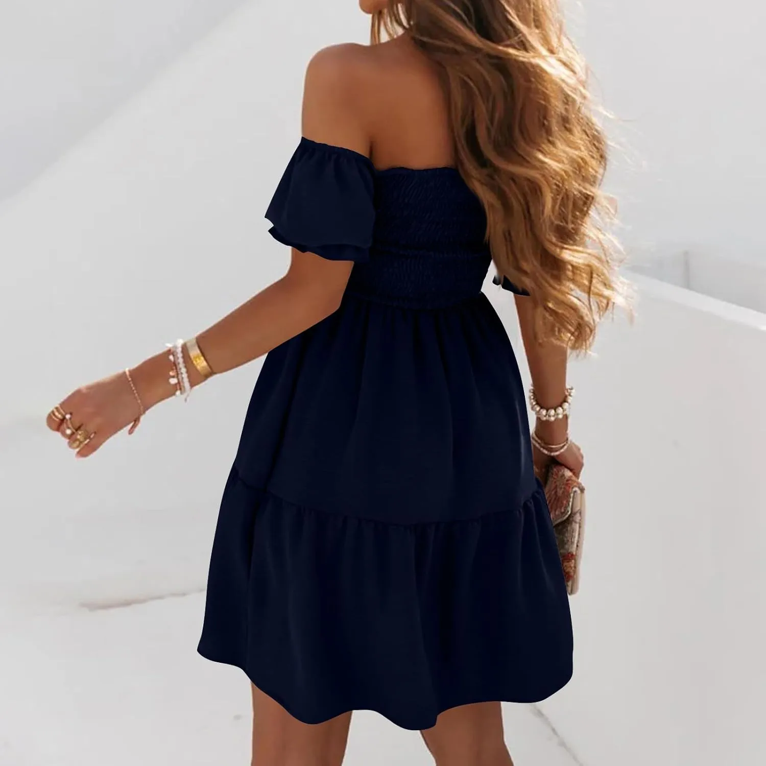 Women's 2024 Boho Summer Square Neck Puff Sleeve Off Shoulder Smocked Tiered Casual Ruffle A Line Flowy Mini Dress
