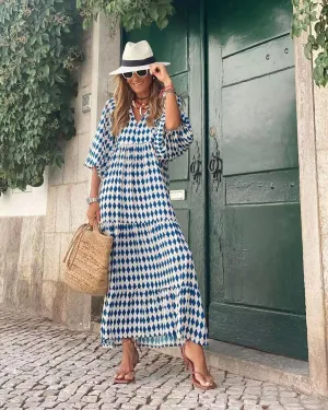 Womens 2024 Casual Boho Maxi Dresses V Neck 3/4 Puff Sleeve Geometric Pattern Smocked Ruffle Beach Long Sundress