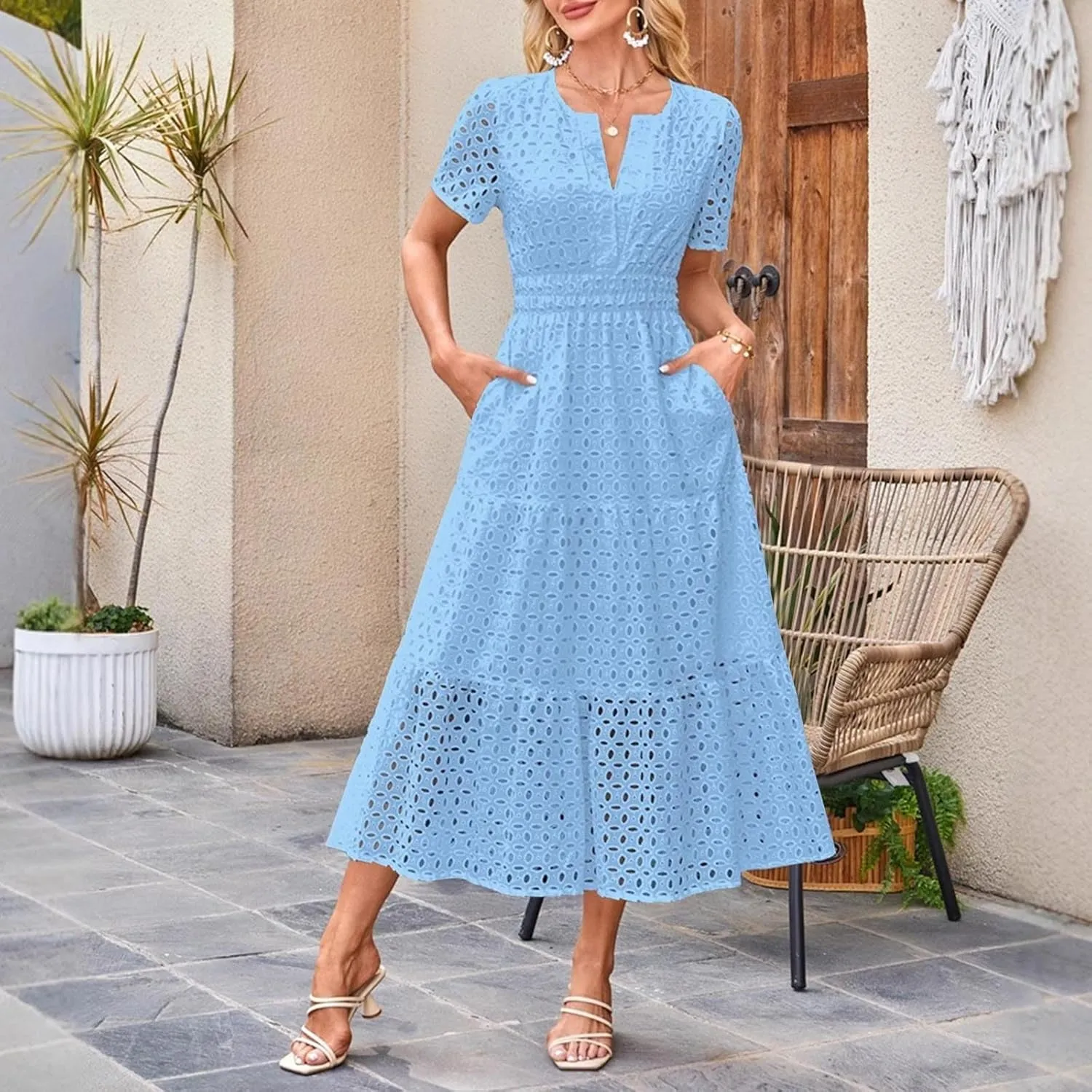 Women's 2025 Summer Maxi Dress V Neck Short Sleeve Hollow Out Casual Eyelet Ruffle Swing A Line Boho Long Dresses