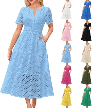 Women's 2025 Summer Maxi Dress V Neck Short Sleeve Hollow Out Casual Eyelet Ruffle Swing A Line Boho Long Dresses