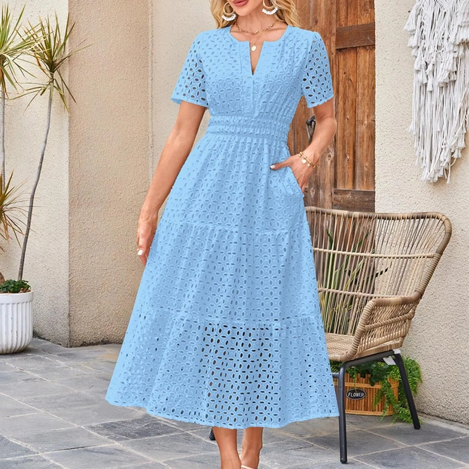 Women's 2025 Summer Maxi Dress V Neck Short Sleeve Hollow Out Casual Eyelet Ruffle Swing A Line Boho Long Dresses