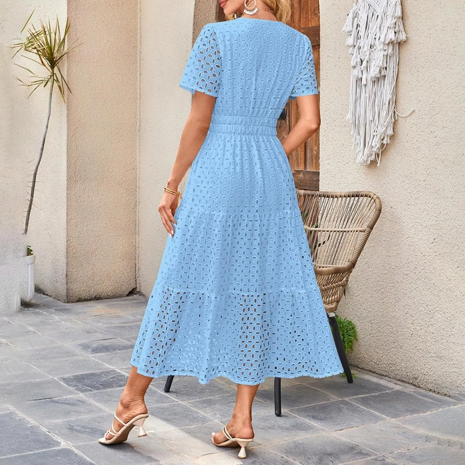 Women's 2025 Summer Maxi Dress V Neck Short Sleeve Hollow Out Casual Eyelet Ruffle Swing A Line Boho Long Dresses