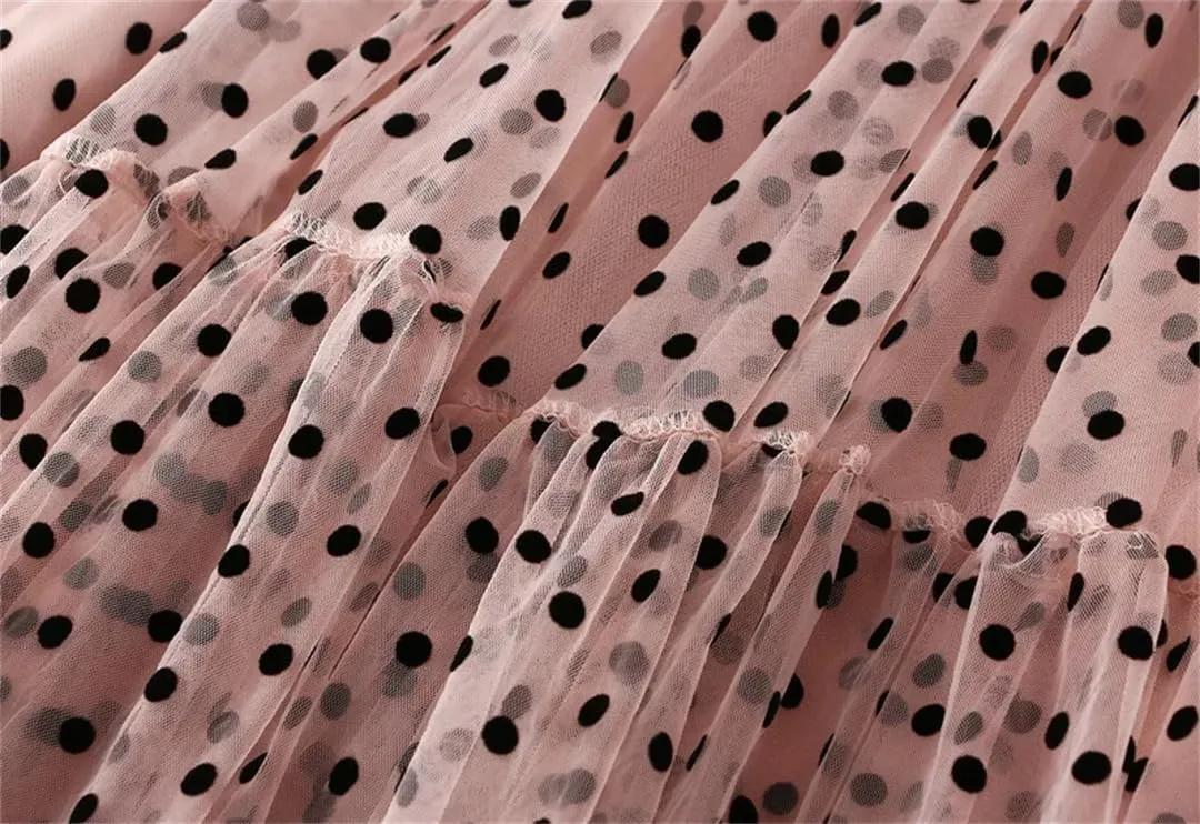 Women's A-Line Pleated Skirt Spring Summer Polka Dot Mesh Skirt Fluffy Skirt