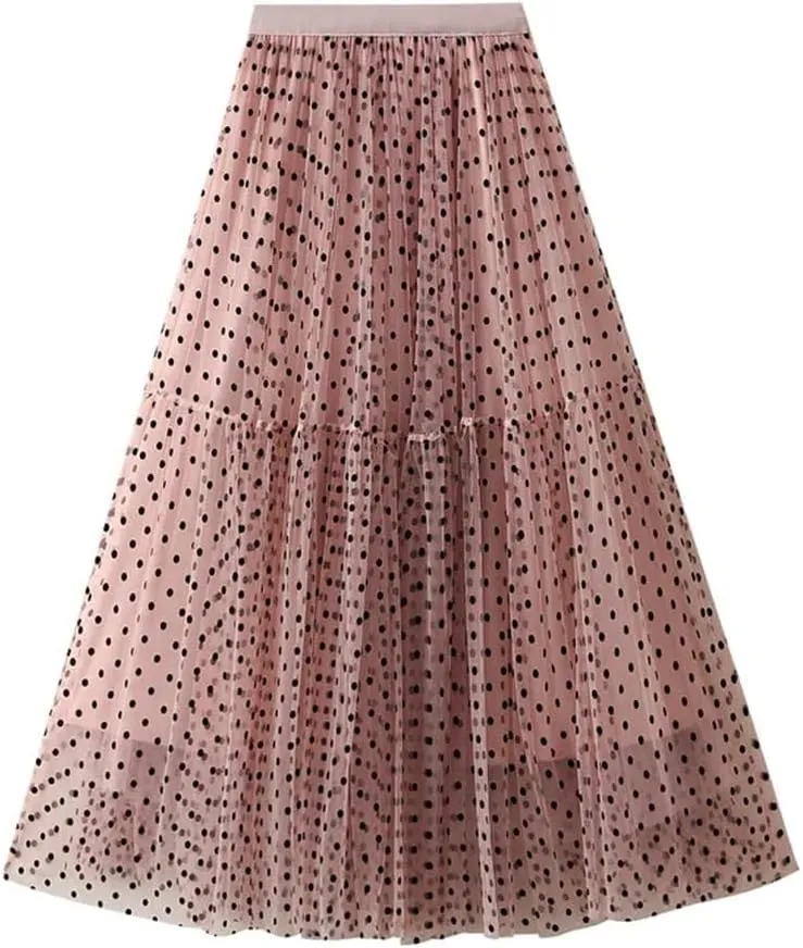 Women's A-Line Pleated Skirt Spring Summer Polka Dot Mesh Skirt Fluffy Skirt