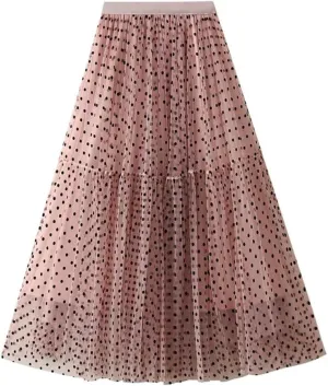 Women's A-Line Pleated Skirt Spring Summer Polka Dot Mesh Skirt Fluffy Skirt