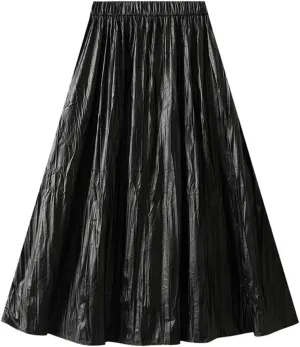 Women's Autumn Pleated High Waisted Midi Skirt Leather Skirt Long Pleated A-Line Skirt