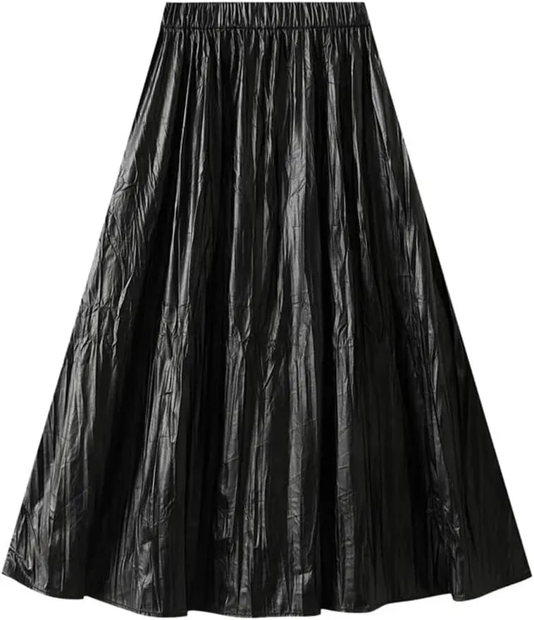 Women's Autumn Pleated High Waisted Midi Skirt Leather Skirt Long Pleated A-Line Skirt