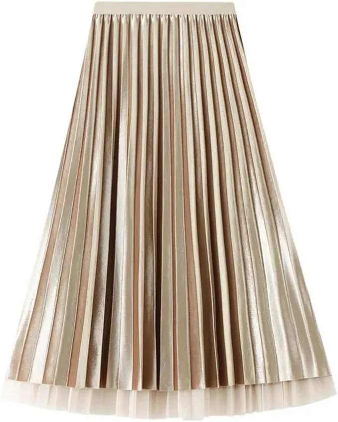 Women's Autumn Winter Mesh A-Line Pleated Midi Skirts High Waist Casual Tulle Skirt Reversible