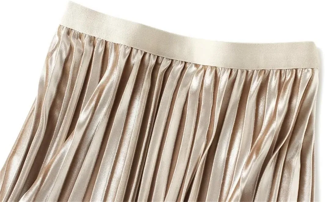 Women's Autumn Winter Mesh A-Line Pleated Midi Skirts High Waist Casual Tulle Skirt Reversible