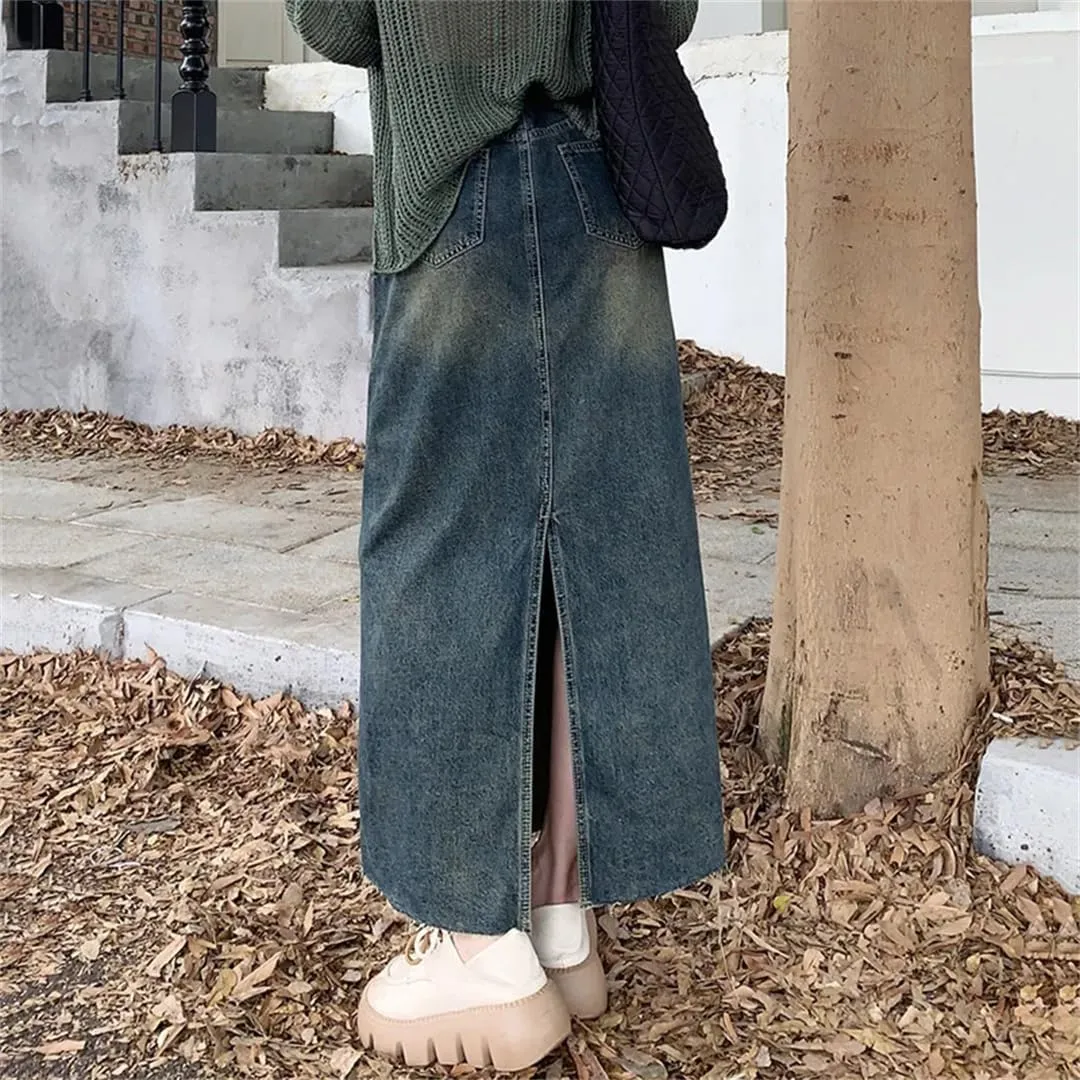 Women's Back Slit Distressed Denim Skirt with Pockets High Waisted Wrap Hip A-Line Casual Jeans Skirt