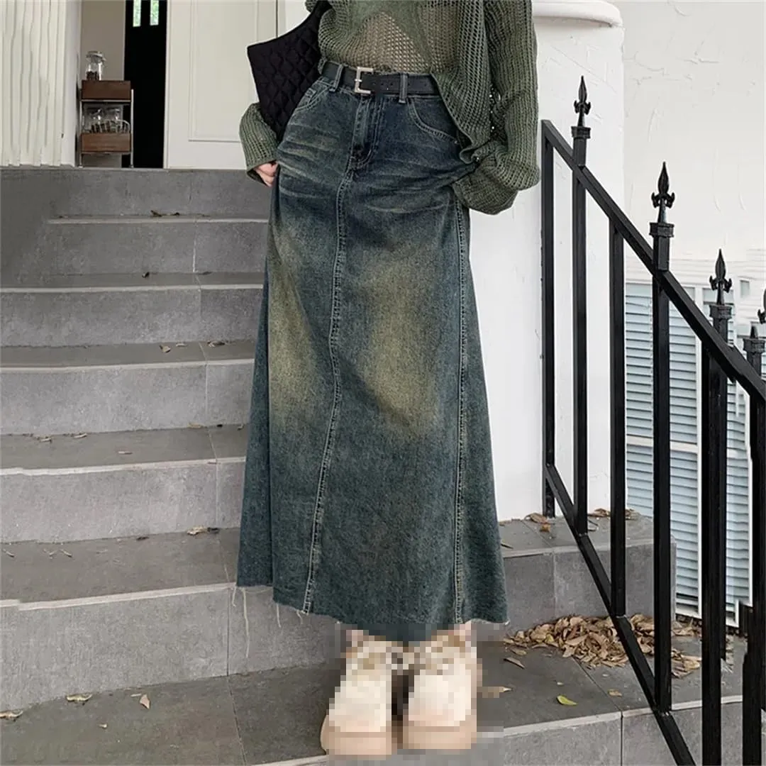 Women's Back Slit Distressed Denim Skirt with Pockets High Waisted Wrap Hip A-Line Casual Jeans Skirt