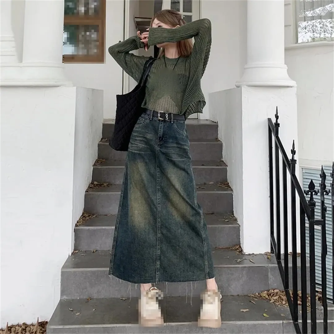 Women's Back Slit Distressed Denim Skirt with Pockets High Waisted Wrap Hip A-Line Casual Jeans Skirt