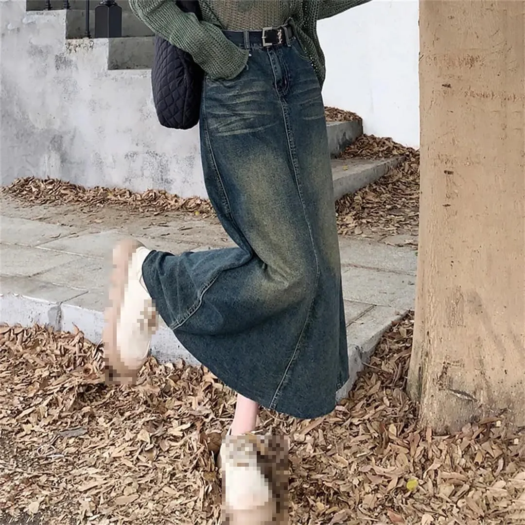 Women's Back Slit Distressed Denim Skirt with Pockets High Waisted Wrap Hip A-Line Casual Jeans Skirt