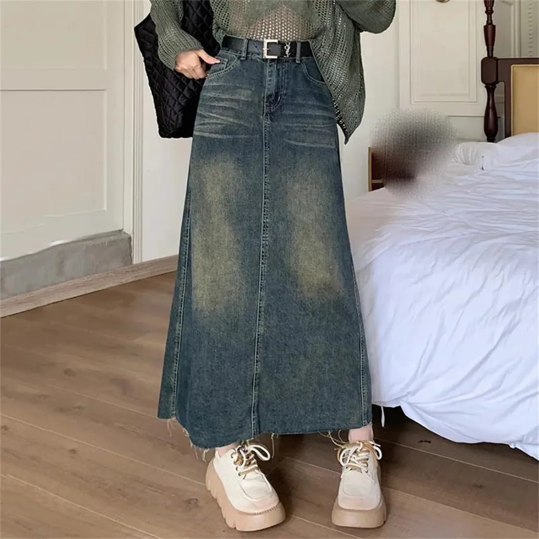 Women's Back Slit Distressed Denim Skirt with Pockets High Waisted Wrap Hip A-Line Casual Jeans Skirt