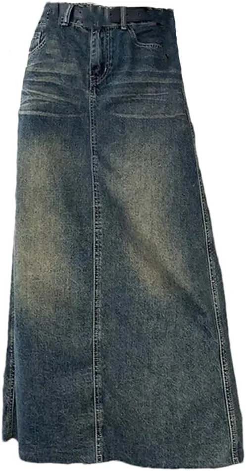 Women's Back Slit Distressed Denim Skirt with Pockets High Waisted Wrap Hip A-Line Casual Jeans Skirt