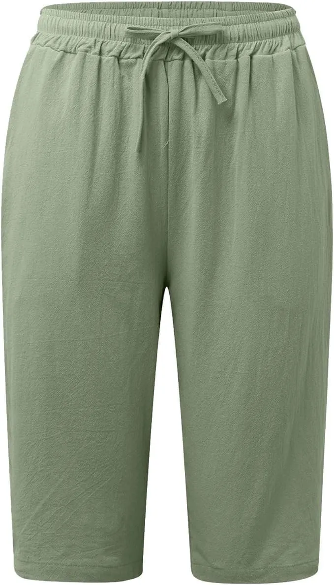 Womens Bermuda Shorts Solid Color Linen Casual Side Lace Summer Drawstring Pants with Pocket for Beach Vacations