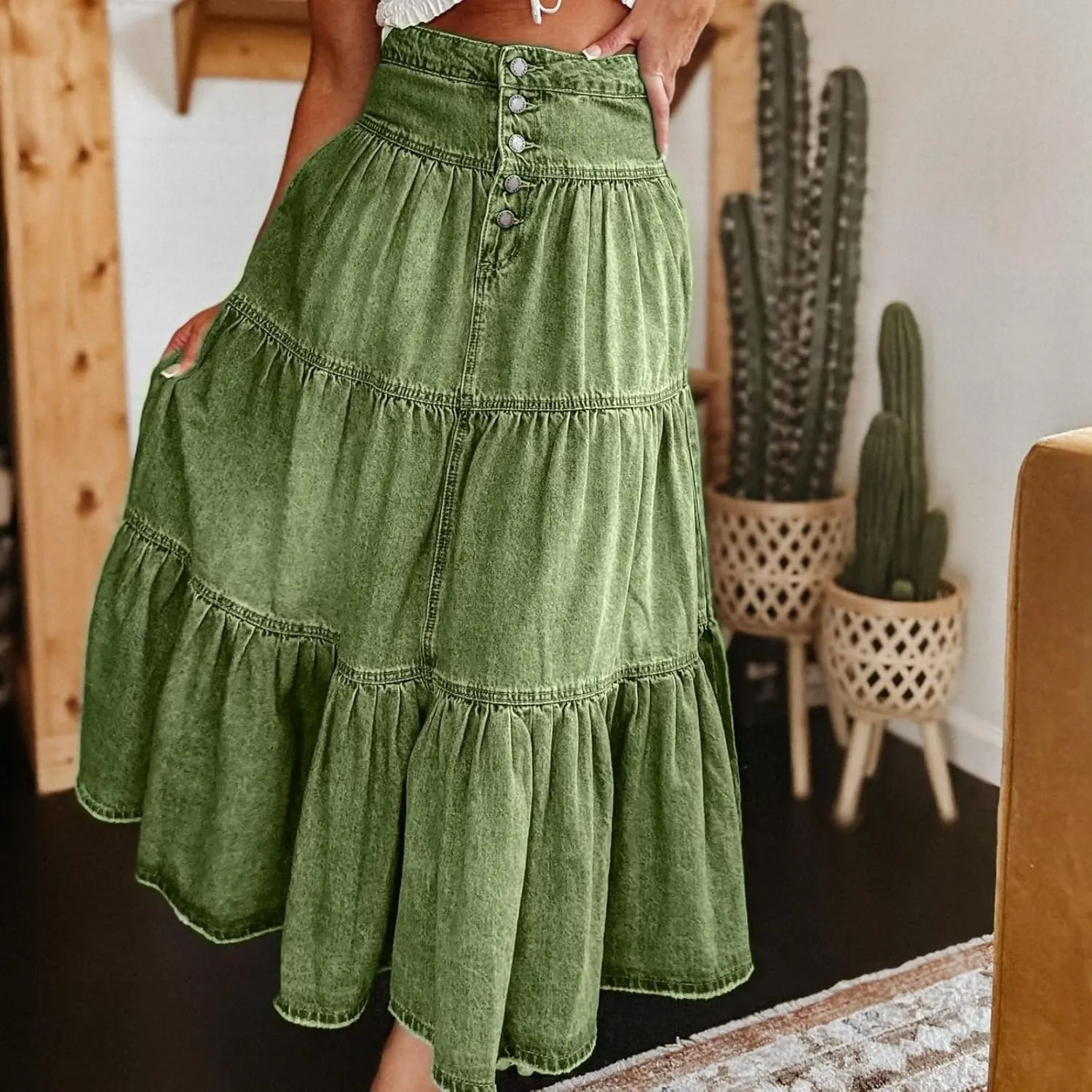 Womens Boho Denim Midi Skirt Retro High Waist Tiered Ruffle Swing A-Line Pleated Summer Beach Long Jean Skirt