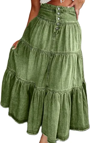 Womens Boho Denim Midi Skirt Retro High Waist Tiered Ruffle Swing A-Line Pleated Summer Beach Long Jean Skirt