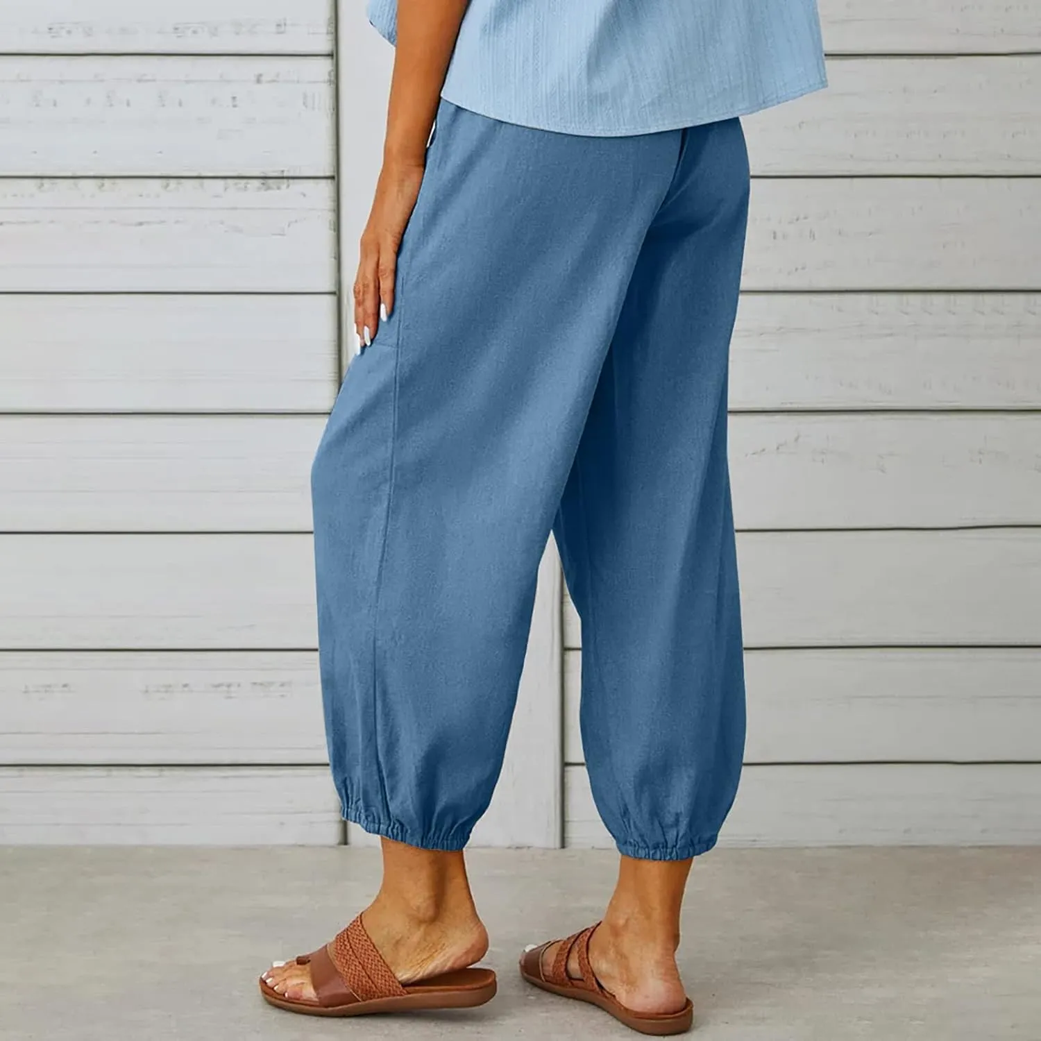 Women's Capri Pants High Waist Drawstring Cinch Bottom with Button Cotton Loose Casual Trouser with Pockets