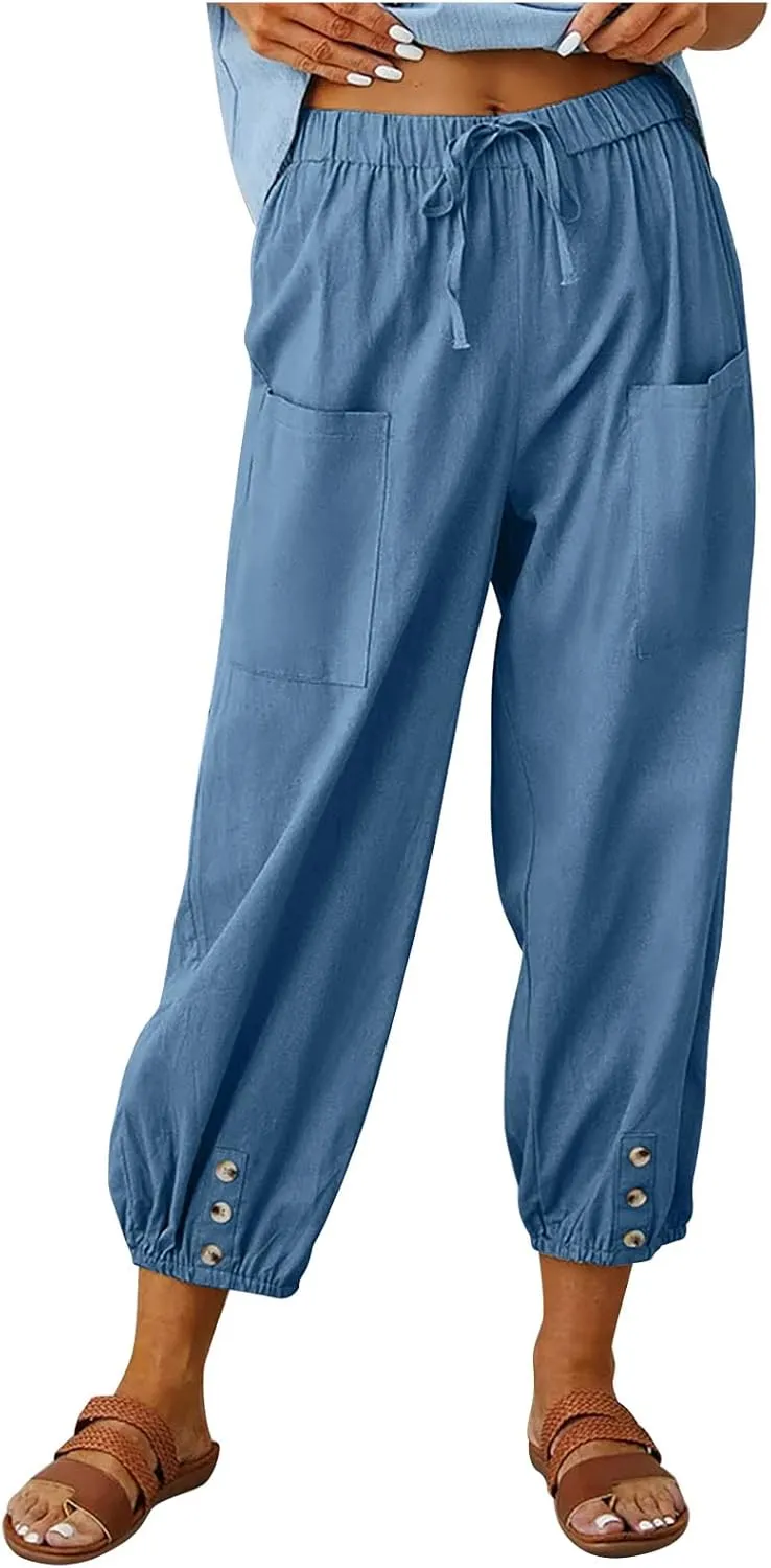 Women's Capri Pants High Waist Drawstring Cinch Bottom with Button Cotton Loose Casual Trouser with Pockets