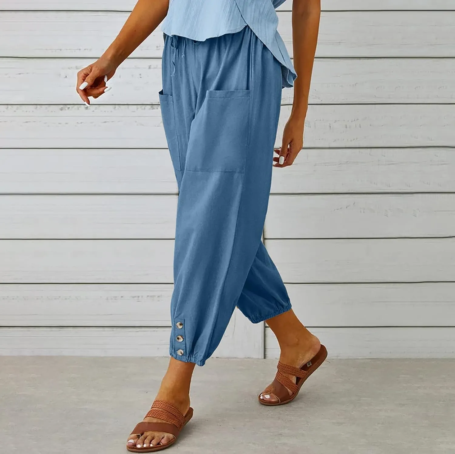 Women's Capri Pants High Waist Drawstring Cinch Bottom with Button Cotton Loose Casual Trouser with Pockets