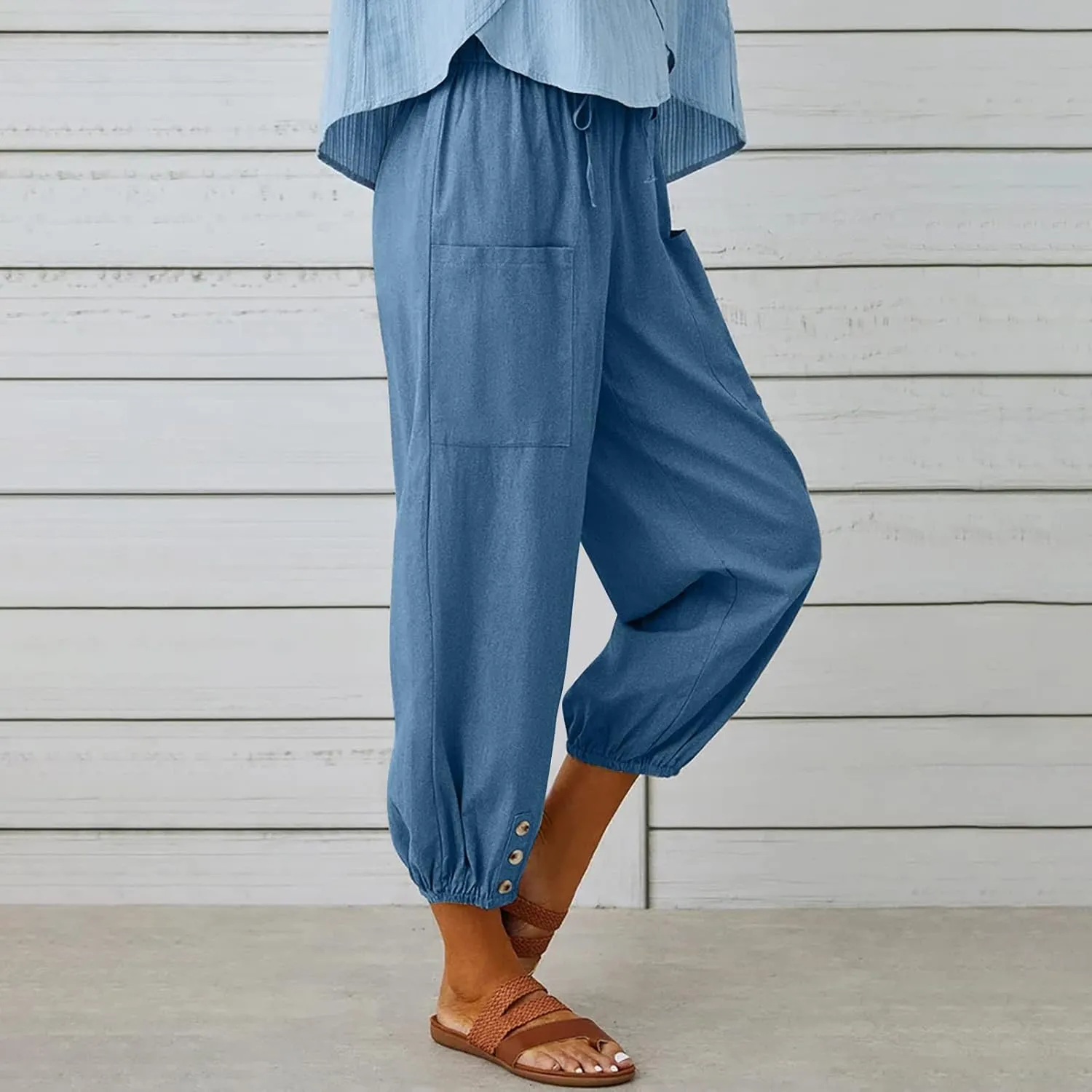 Women's Capri Pants High Waist Drawstring Cinch Bottom with Button Cotton Loose Casual Trouser with Pockets