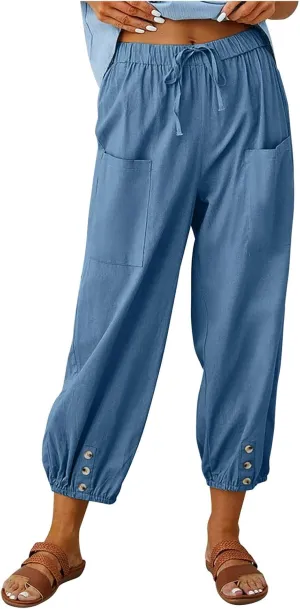 Women's Capri Pants High Waist Drawstring Cinch Bottom with Button Cotton Loose Casual Trouser with Pockets