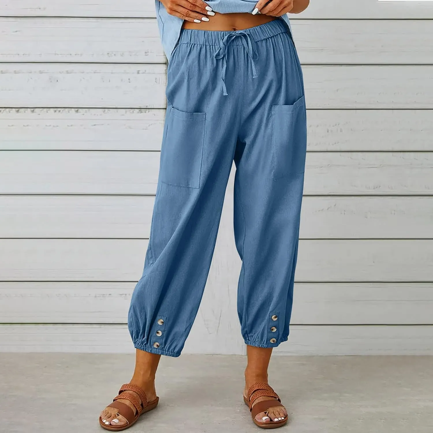 Women's Capri Pants High Waist Drawstring Cinch Bottom with Button Cotton Loose Casual Trouser with Pockets