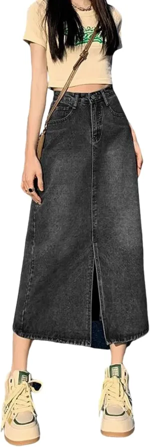 Women's Casual Denim Skirt high Waisted Slit Denim Long Skirt Slim fit A-line Swing Denim Long Skirt