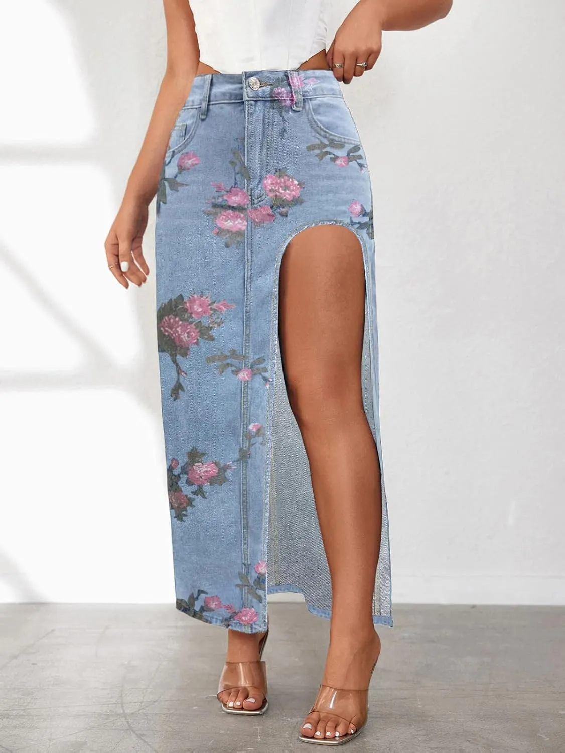 Women's Casual High Slit Denim Midi Jean Skirt Sexy Floral High Waisted Button Up Frayed Denim Skirt with Pockets