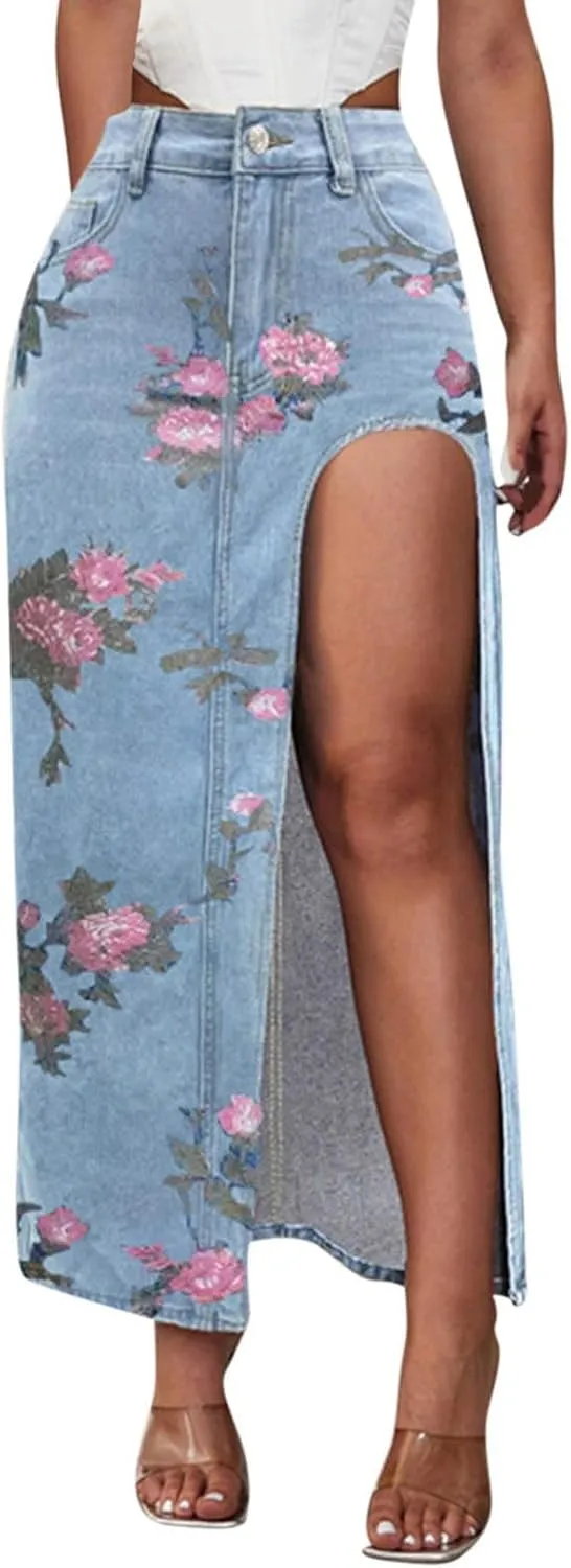 Women's Casual High Slit Denim Midi Jean Skirt Sexy Floral High Waisted Button Up Frayed Denim Skirt with Pockets