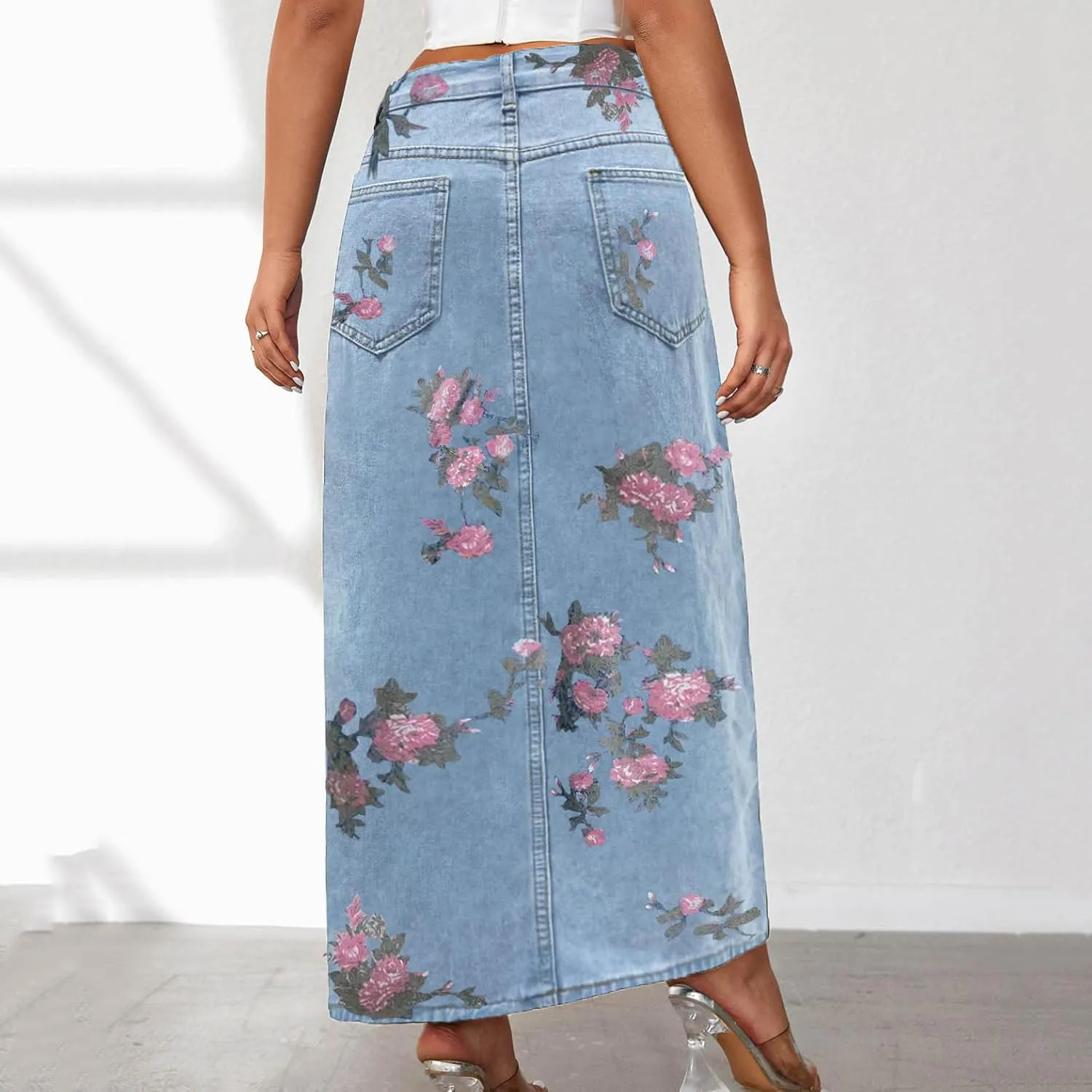 Women's Casual High Slit Denim Midi Jean Skirt Sexy Floral High Waisted Button Up Frayed Denim Skirt with Pockets