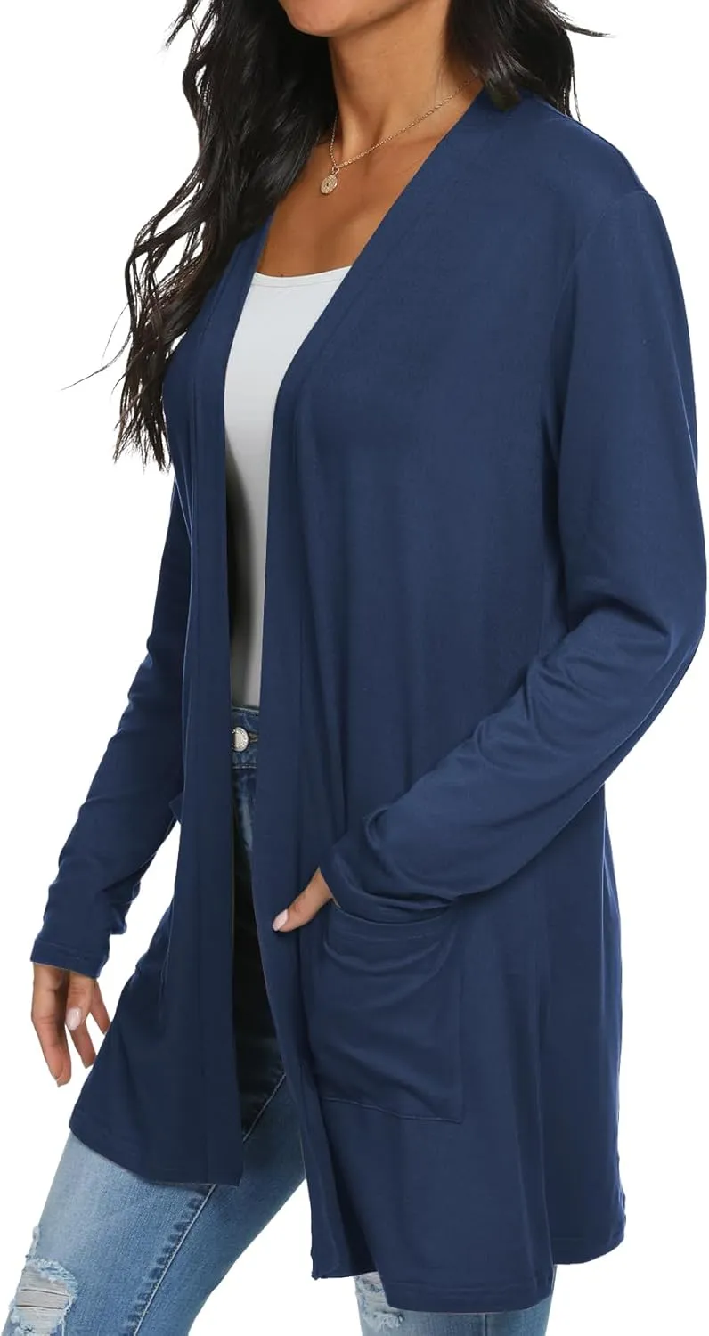 Womens Casual Lightweight with Pocketes Long Sleeve Open Front Cardigan