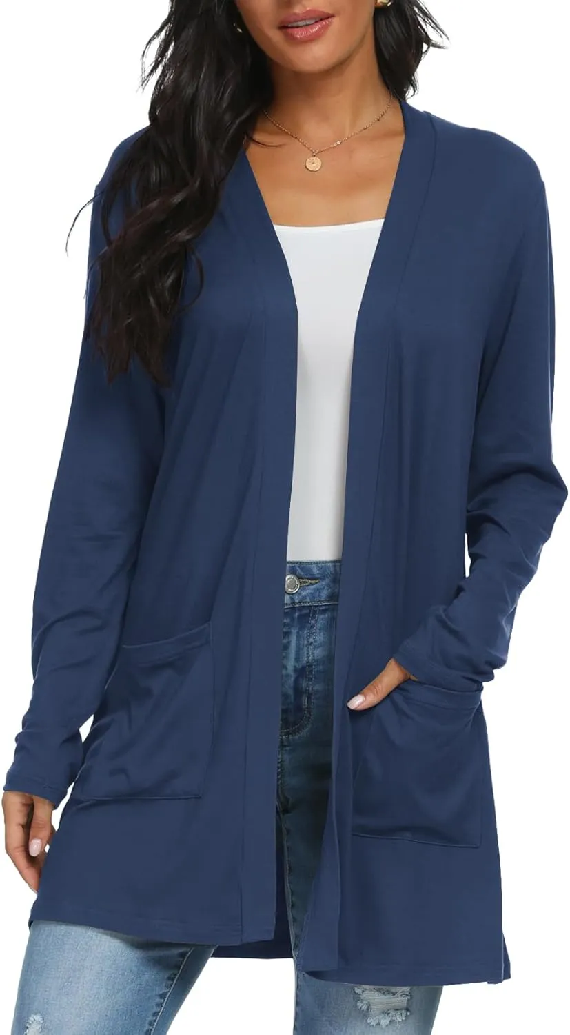 Womens Casual Lightweight with Pocketes Long Sleeve Open Front Cardigan