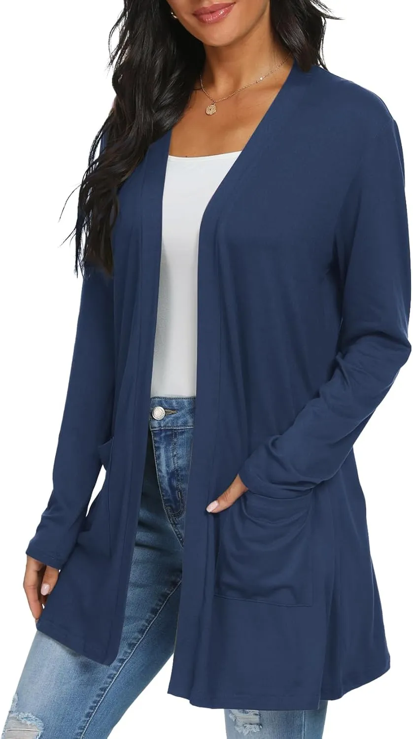 Womens Casual Lightweight with Pocketes Long Sleeve Open Front Cardigan