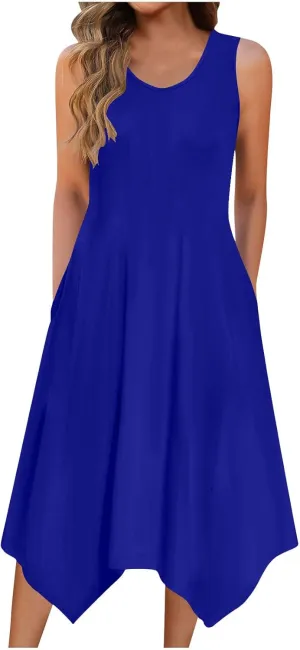 Women's Casual Summer Dress 2025 Sleeveless Dress Handkerchief Hem Midi Tank Dresses Beach Dress with Pockets