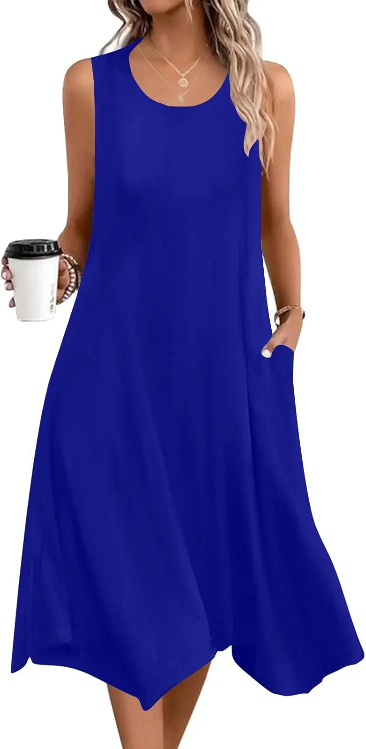 Women's Casual Summer Dress 2025 Sleeveless Dress Handkerchief Hem Midi Tank Dresses Beach Dress with Pockets