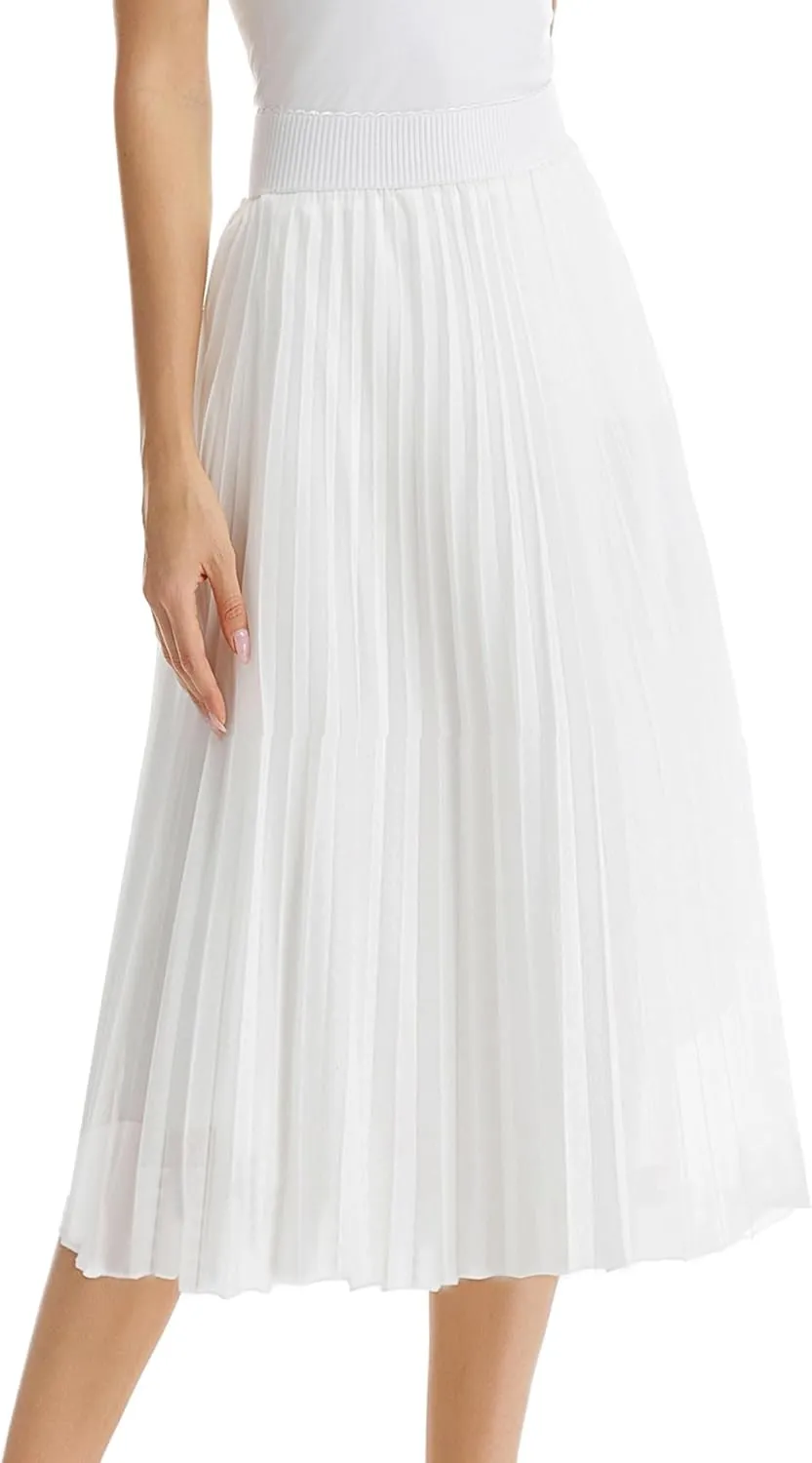 Womens Chiffon High Waist Skirt Pleated A-Line Swing Elastic Shirring Midi Length