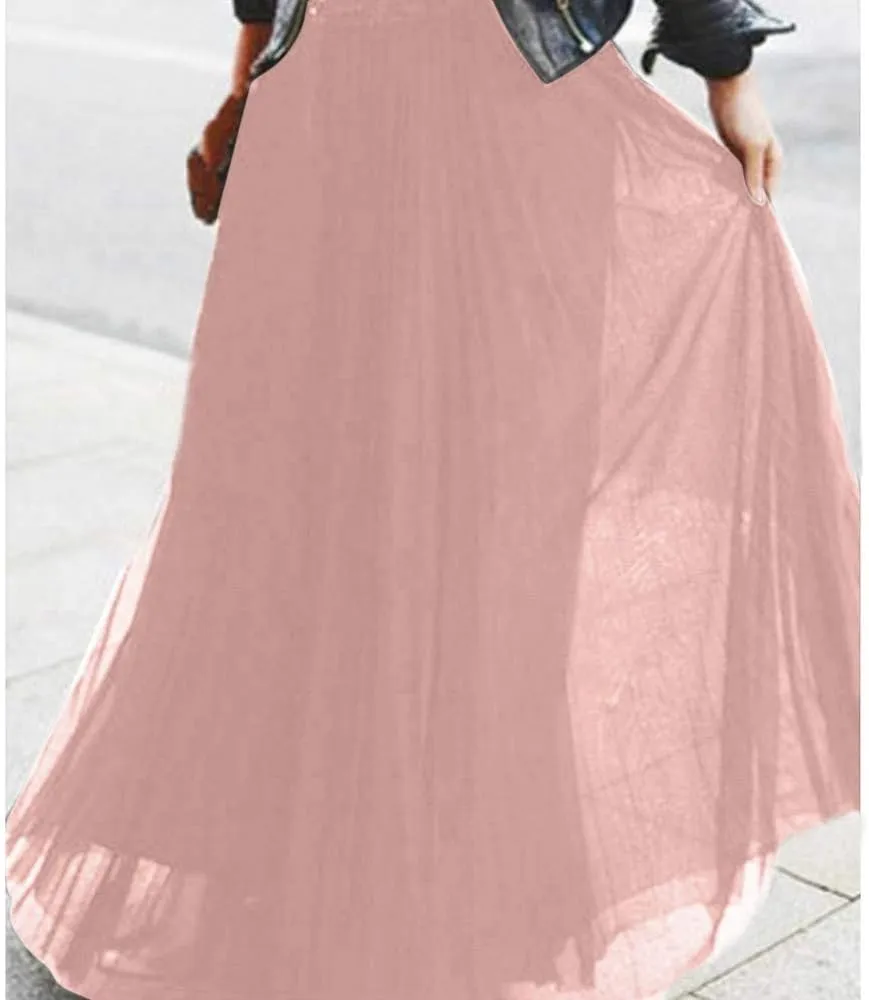 Women's Chiffon Midi Skirt High Waisted Flowy Pleated Skirts Elastic A-Line Long Skirts Casual Summer Maxi Long Skirts
