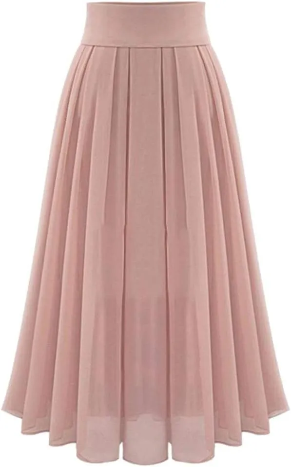 Women's Chiffon Midi Skirt High Waisted Flowy Pleated Skirts Elastic A-Line Long Skirts Casual Summer Maxi Long Skirts