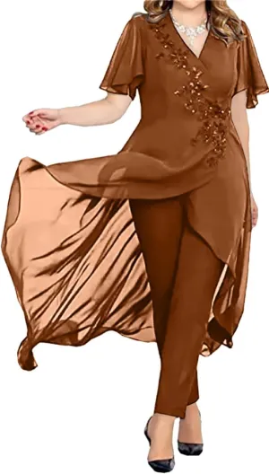 Women's Chiffon Mother of The Bride Dress 2 Pieces Pants Suits V Neck Mother of Groom Pantsuits for Wedding