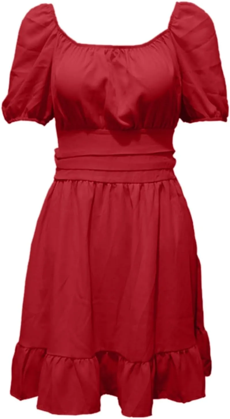 Women's Chiffon Tie Back Casual Dress Square Neck Short Puff Sleeve Dresses A Line Summer Beach Vacation Mini Sundress