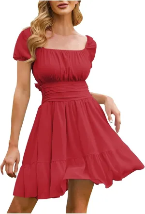 Women's Chiffon Tie Back Casual Dress Square Neck Short Puff Sleeve Dresses A Line Summer Beach Vacation Mini Sundress