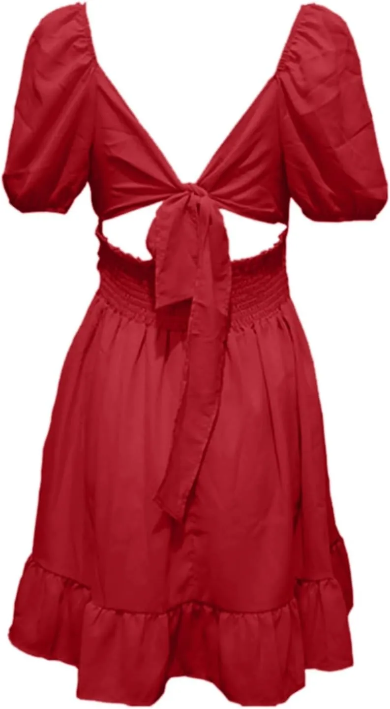 Women's Chiffon Tie Back Casual Dress Square Neck Short Puff Sleeve Dresses A Line Summer Beach Vacation Mini Sundress