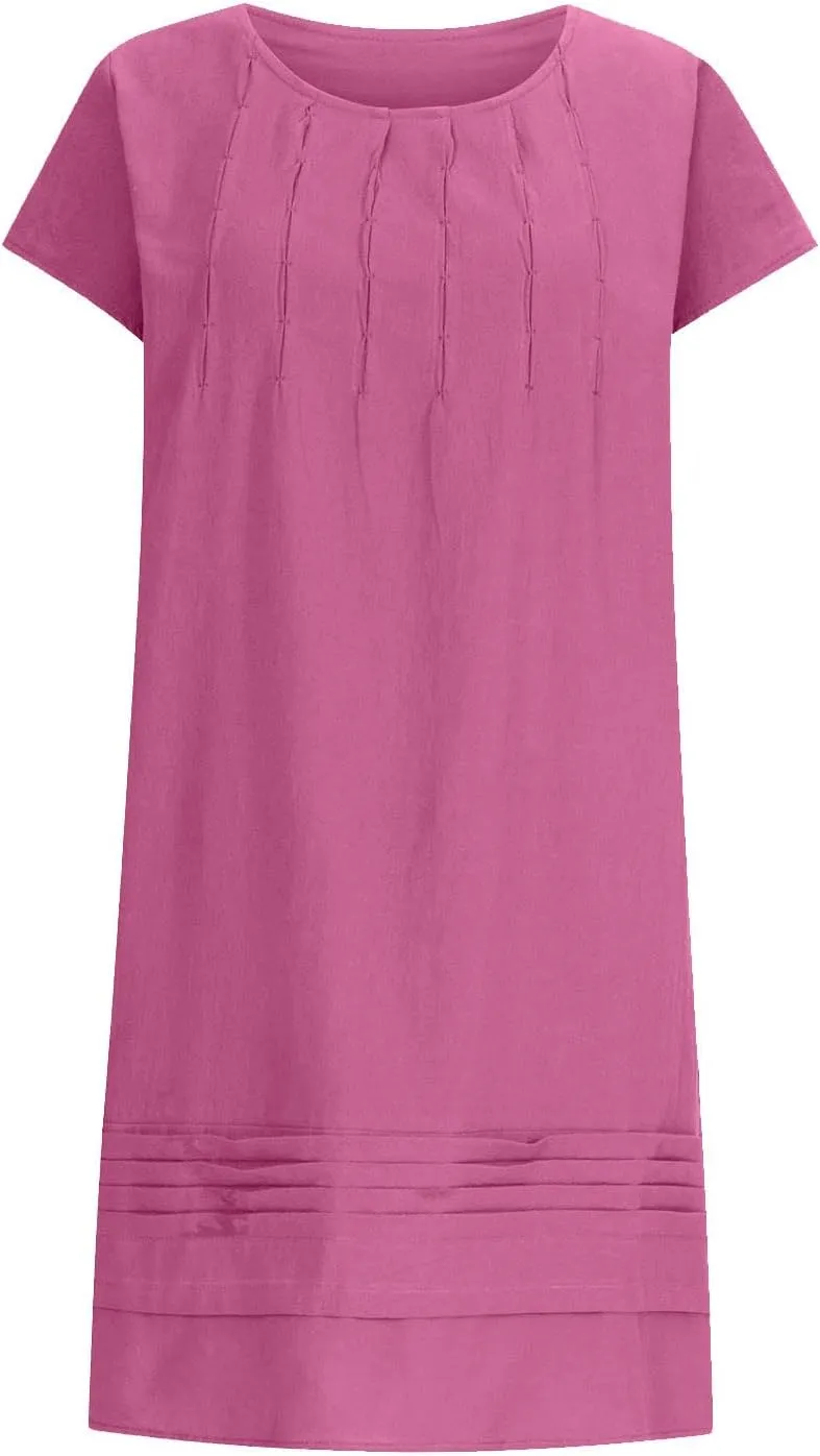 Women's Cotten Linen Summer Dresses Midi Casual Cap Sleeve Crewneck A Line Flowy Swing Beach Trendy Sundress