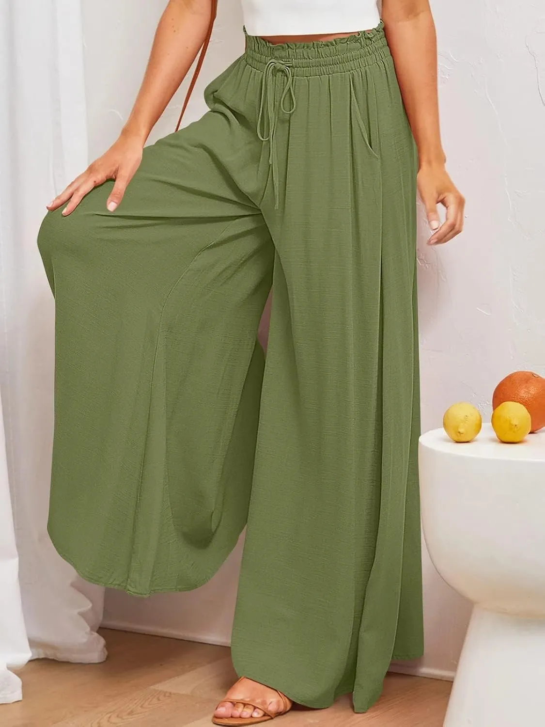 Womens Cotton Linen Wide Leg Pants Casual Elastic Belt High Waist Wide Leg Pants with Pockets Palazzo Lounge Pant